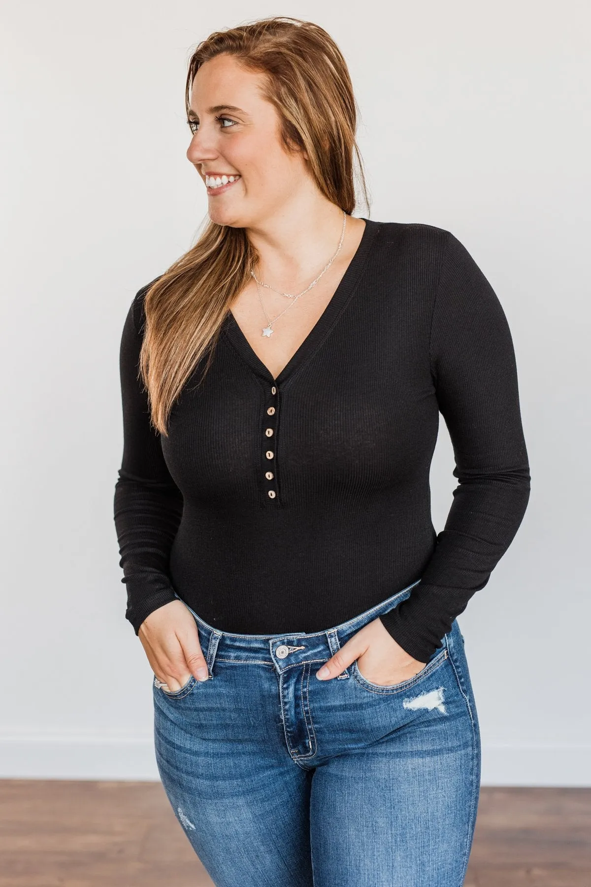 American Woman Henley Bodysuit- Black