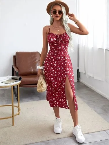 Casual Ditsy Floral Square Neck Sleeveless Printing Slit Polyester Midi Dress Slit Dress