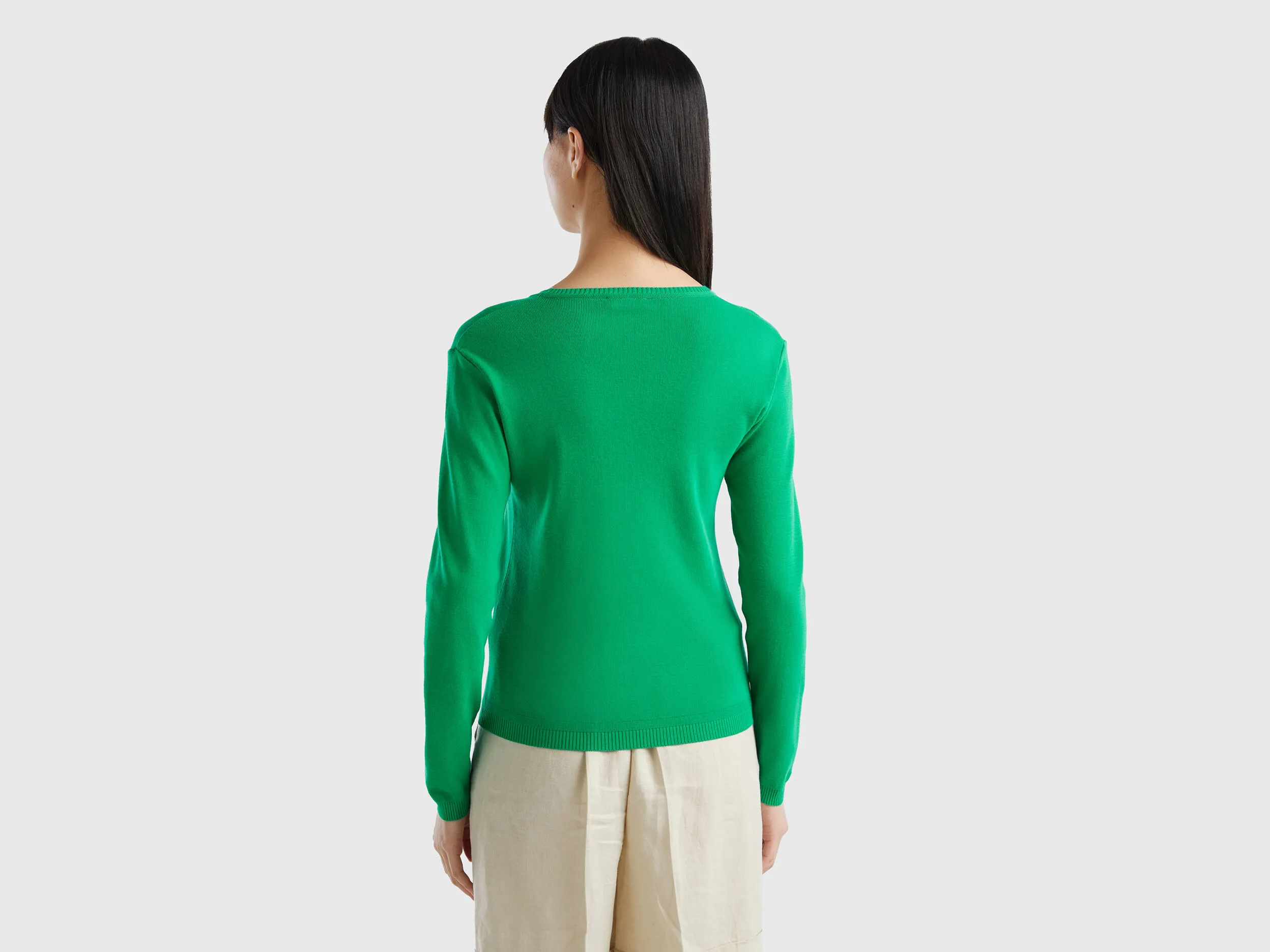 Crew neck sweater in pure cotton - Green | Benetton