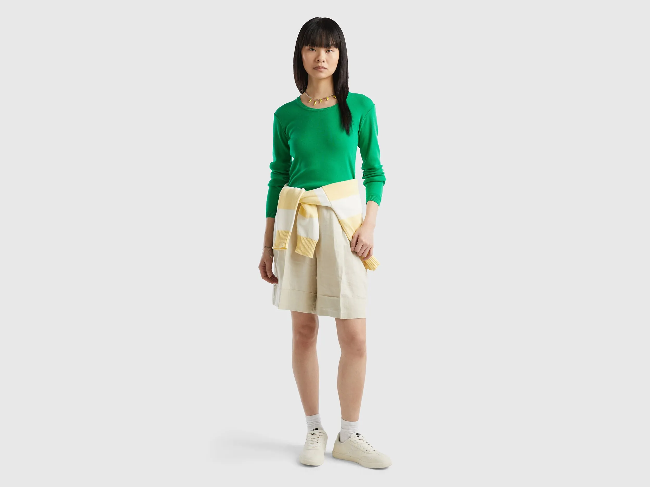 Crew neck sweater in pure cotton - Green | Benetton