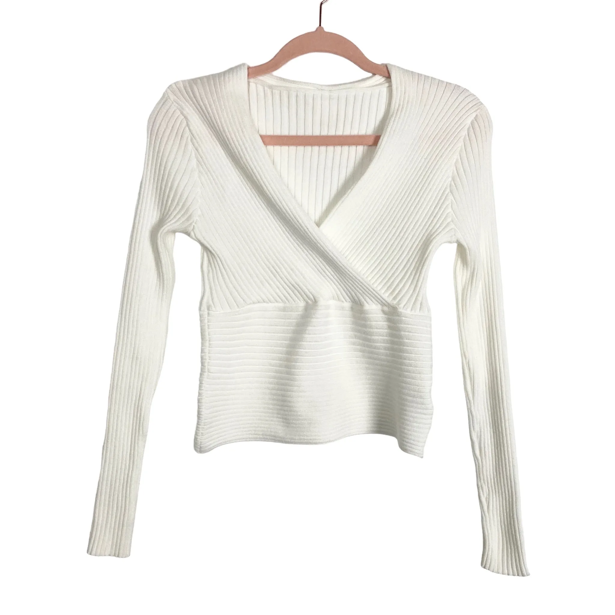 CUPSHE WHITE RIBBED SURPLICE LIGHTWEIGHT SWEATER- SIZE M ( ONLINE)