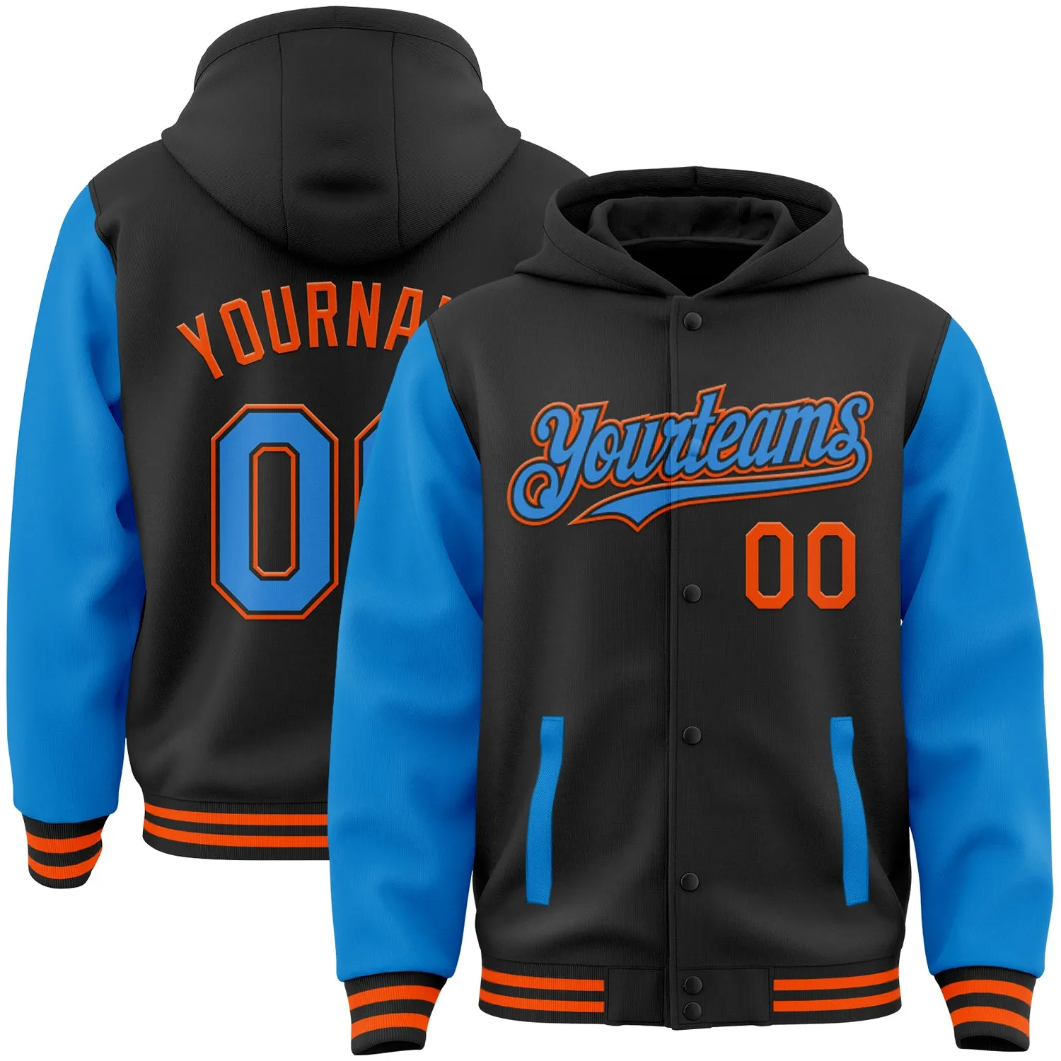 Custom Black Electric Blue-Orange Bomber Full-Snap Varsity Letterman Two Tone Hoodie Jacket