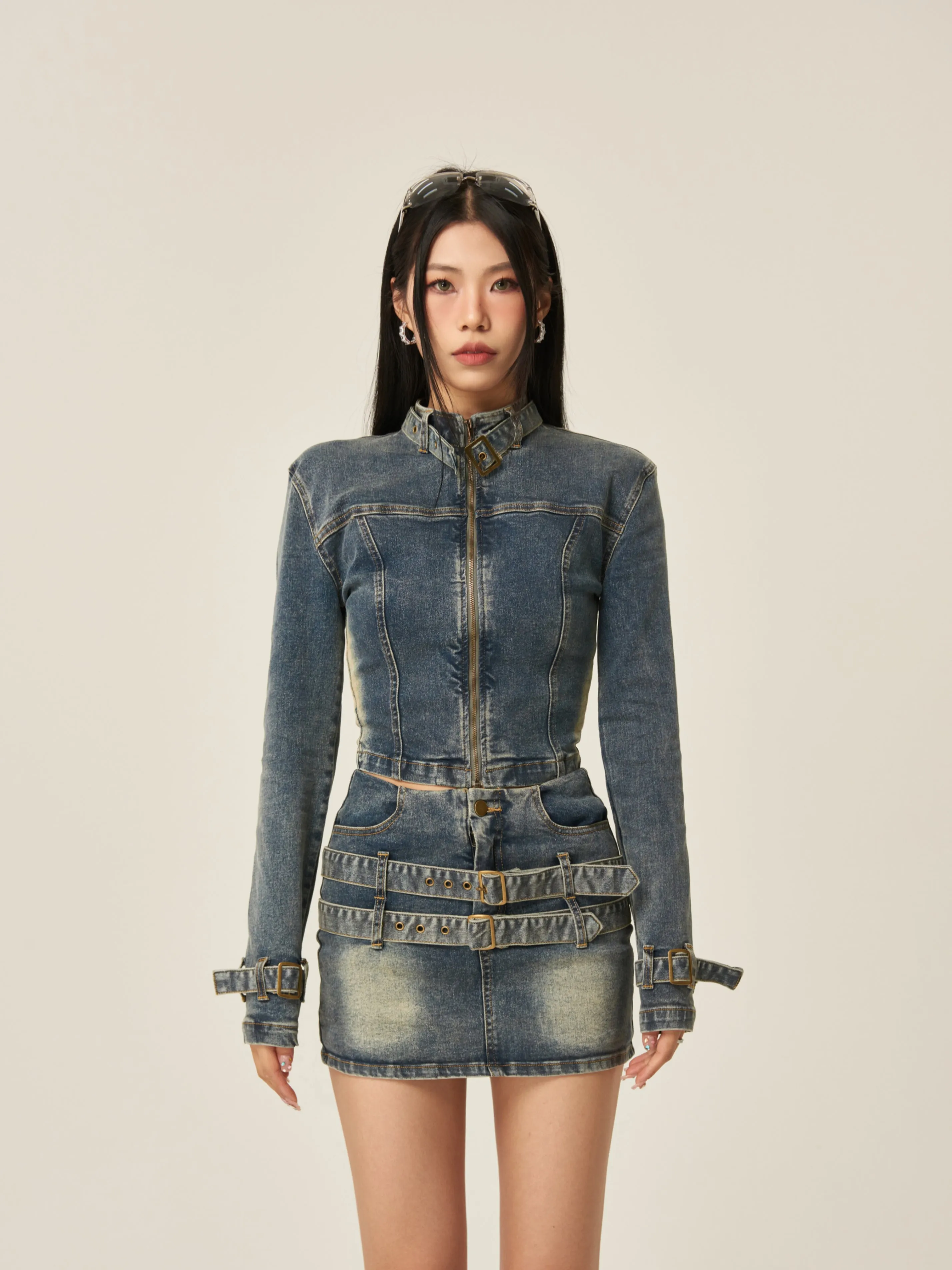 Fiona Denim Blue Washed Faded Long Sleeve Zip Up Jacket High Waist Belt Straps Jeans Mini Skirt Matching Set