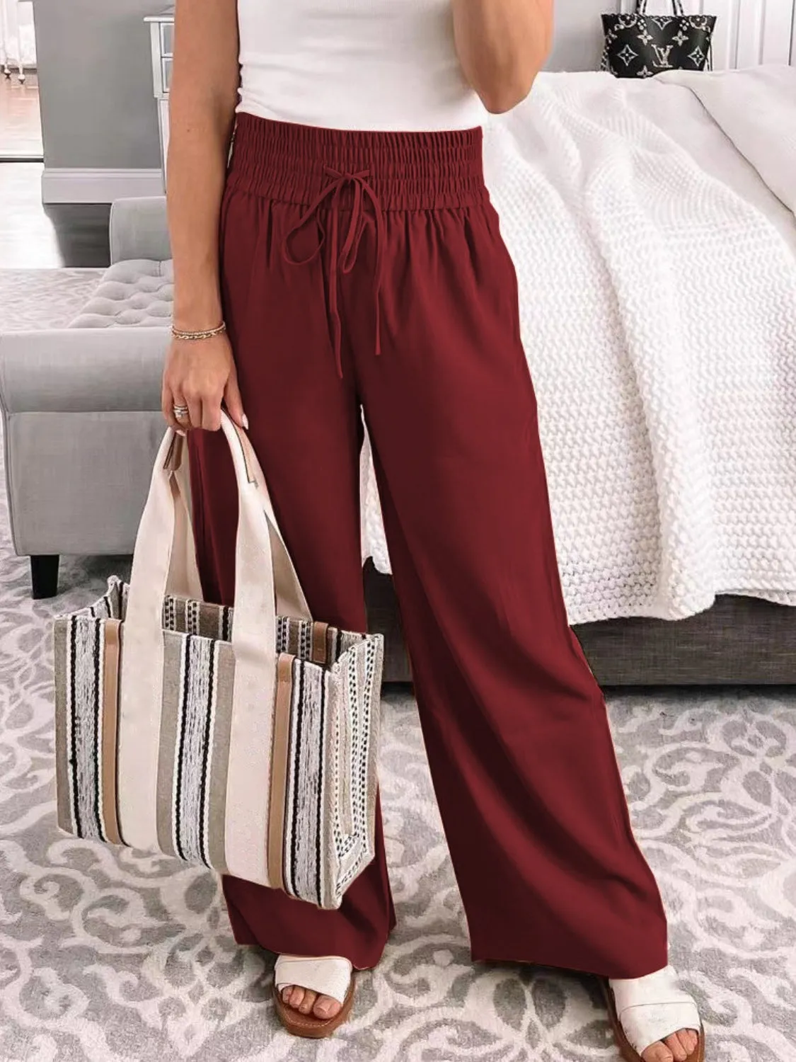 Full Size Drawstring High Waist Wide Leg Pants