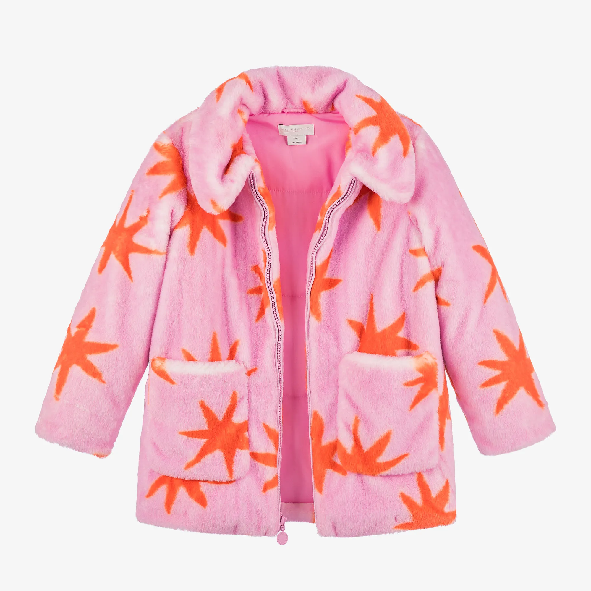 Girls Pink Faux Fur Cosmic Stars Coat