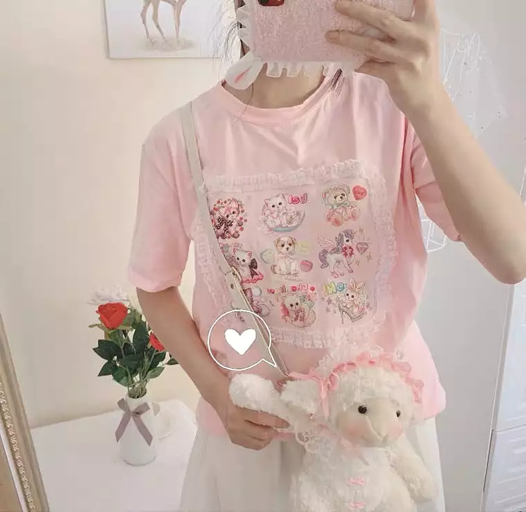 JAPANESE CUTE CAT PASTEL PINK LACE T-SHIRT BY60036