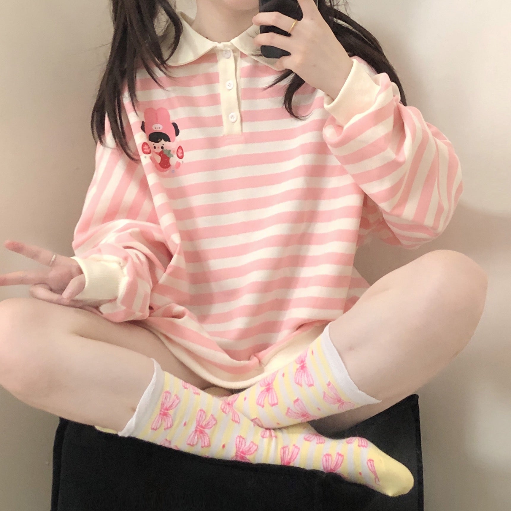 Japanese cute pink white striped sweatshirt BY108