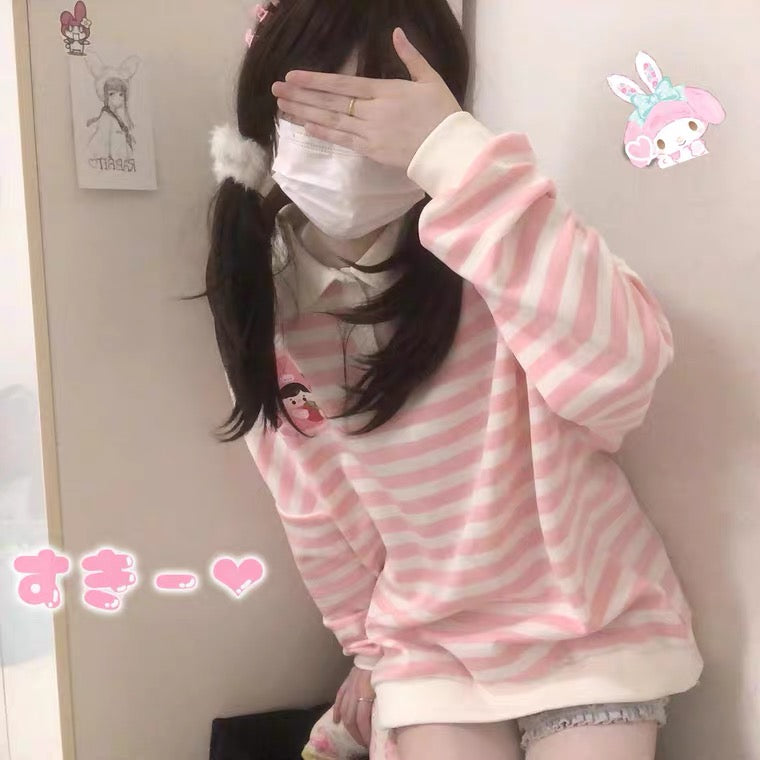 Japanese cute pink white striped sweatshirt BY108