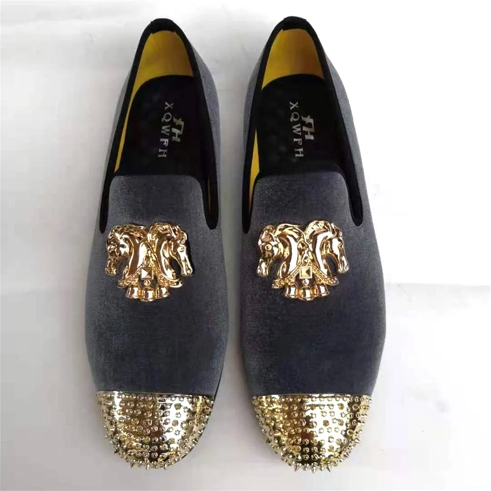 Men's Gold Horse Buckle Rivet Metal Toe Slip-On Nightclub Party Loafers