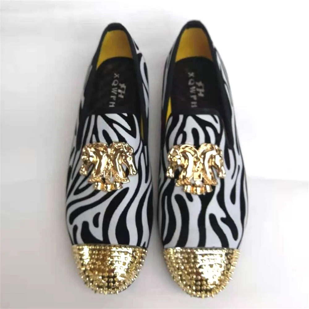 Men's Gold Horse Buckle Rivet Metal Toe Slip-On Nightclub Party Loafers