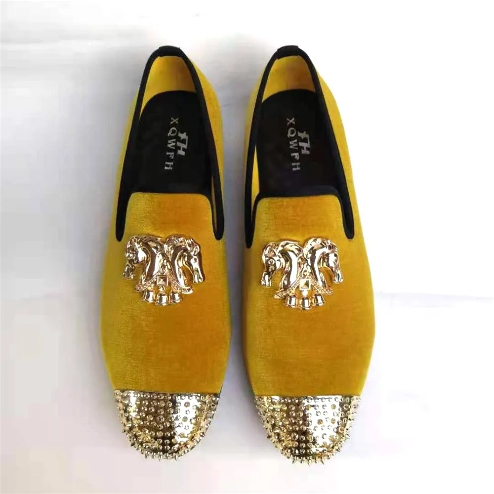 Men's Gold Horse Buckle Rivet Metal Toe Slip-On Nightclub Party Loafers