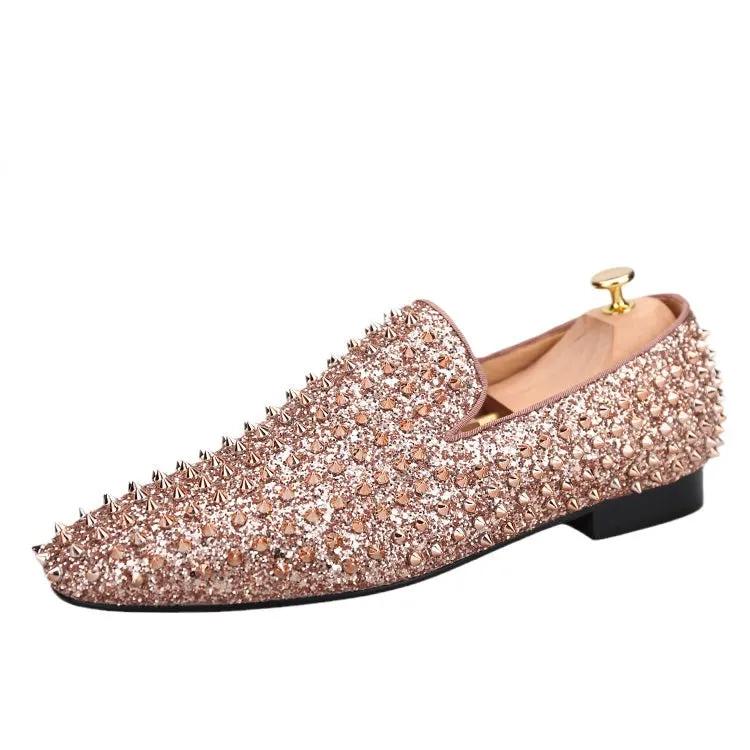 OneDrop Handmade Men Rose Gold Glitter Spikes Slip-On Red Bottom Party Wedding Prom Loafers