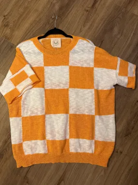 Orange & White Checkered Short Sleeved Sweater