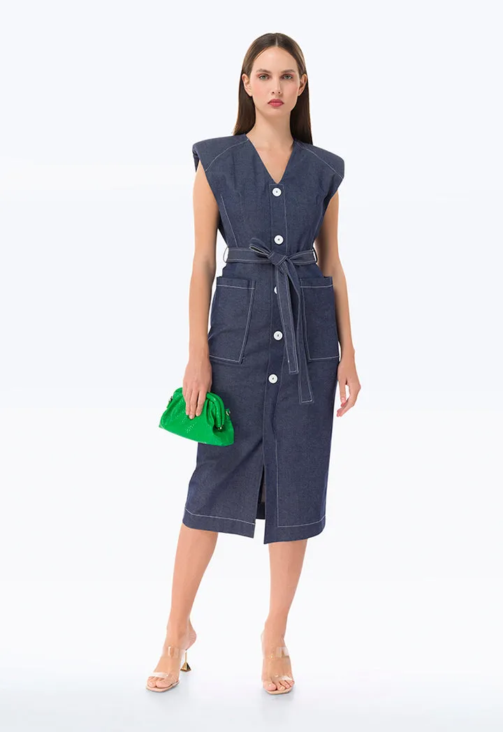 Padded Shoulder Denim Midi Dress