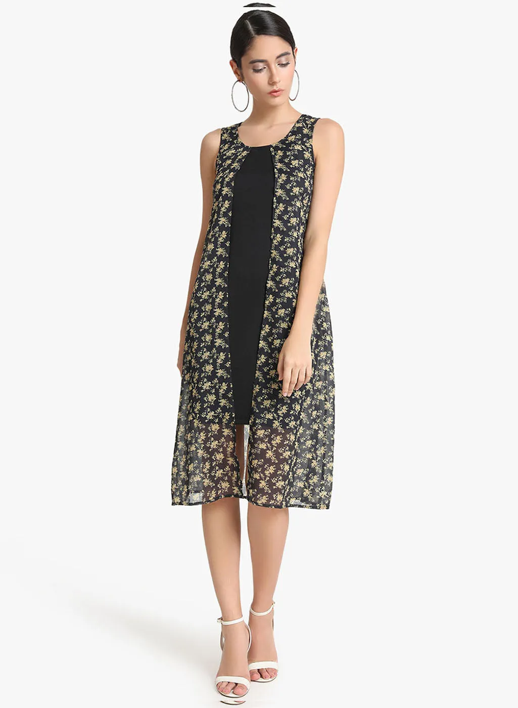 Printed Midi Dress With Overlay