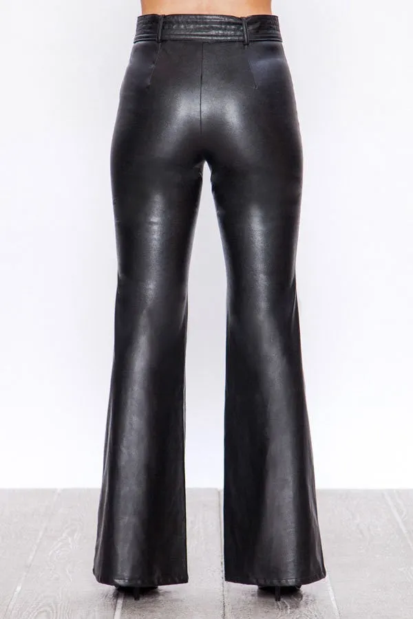 Retro Belted Wide Leg Bell Bottom Faux Leather Pants