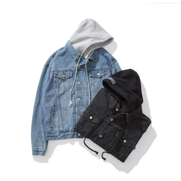 Retro Denim Jacket for men with grey cotton hood