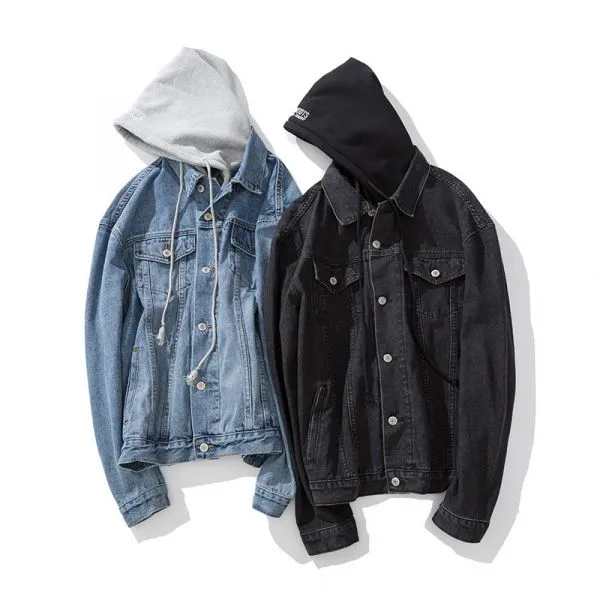 Retro Denim Jacket for men with grey cotton hood