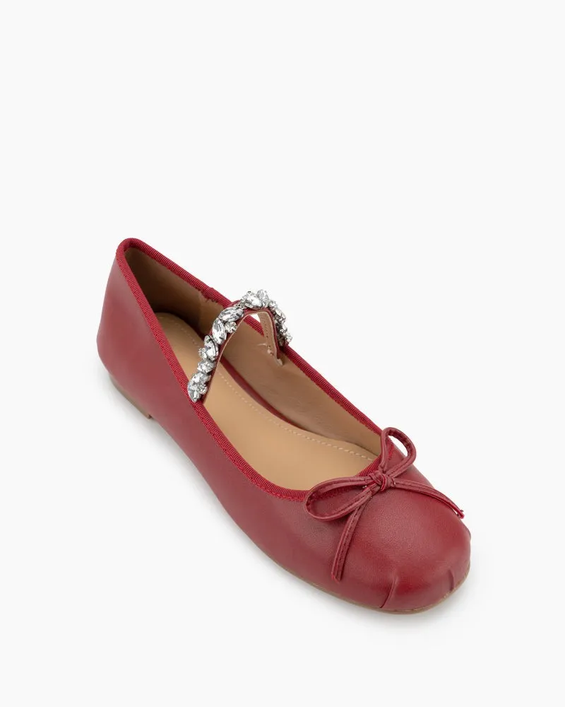 Rhinestone Straps Bowknot Solid  Ballet Flats