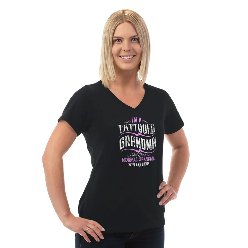 Tattooed Grandma Ladies Cotton V-Neck T-Shirt