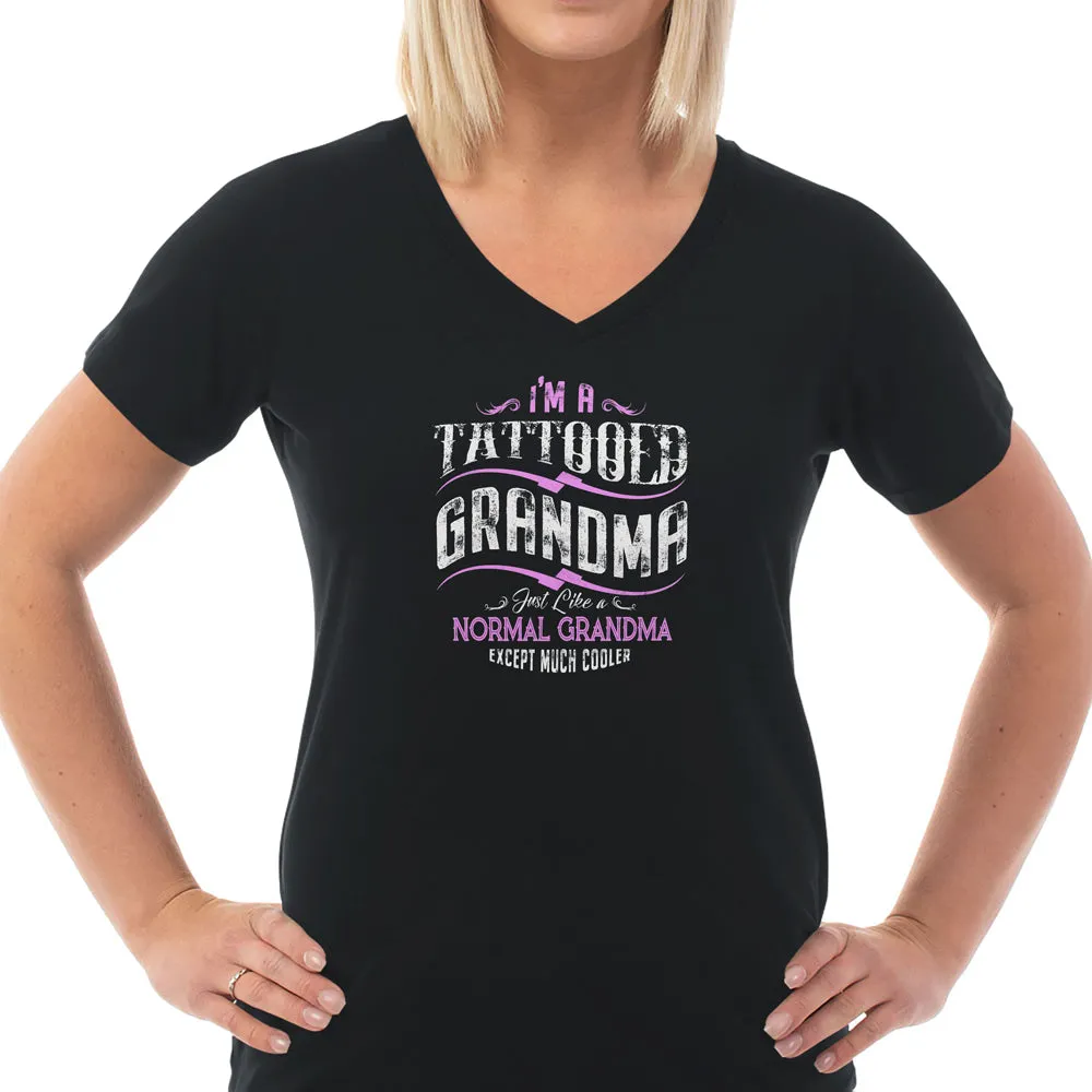 Tattooed Grandma Ladies Cotton V-Neck T-Shirt