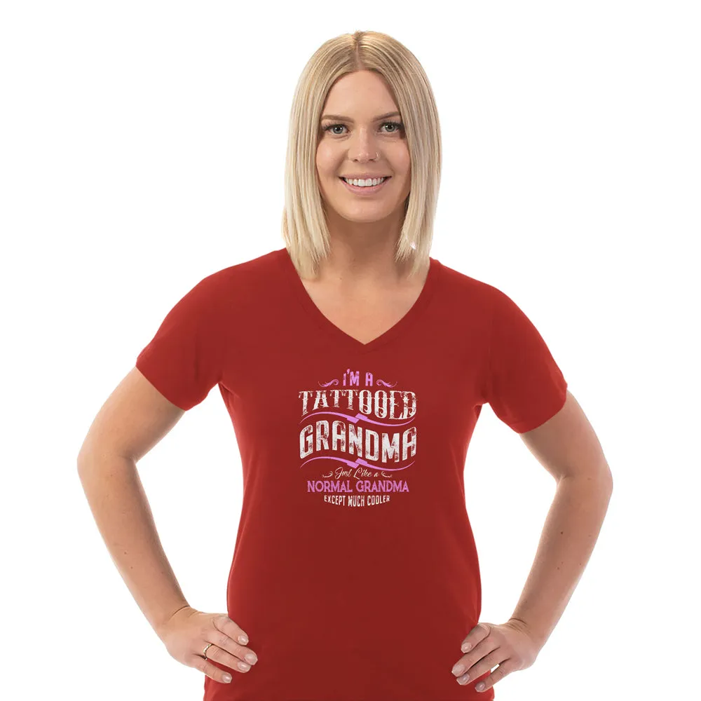 Tattooed Grandma Ladies Cotton V-Neck T-Shirt