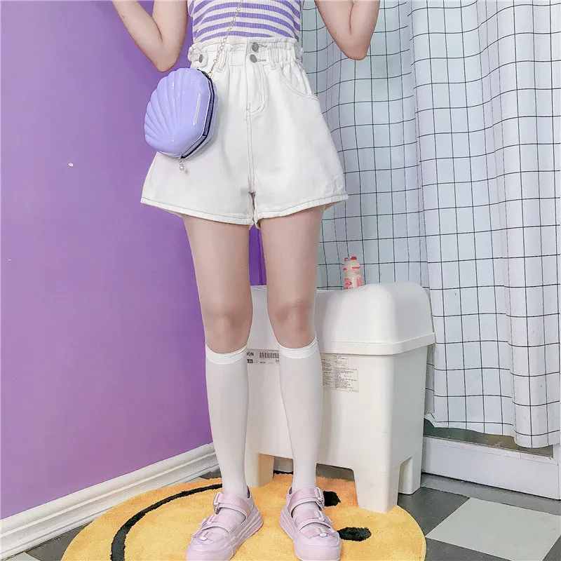 WHITE ELASTIC HIGH WAIST BUD DENIM SHORTS BY62050