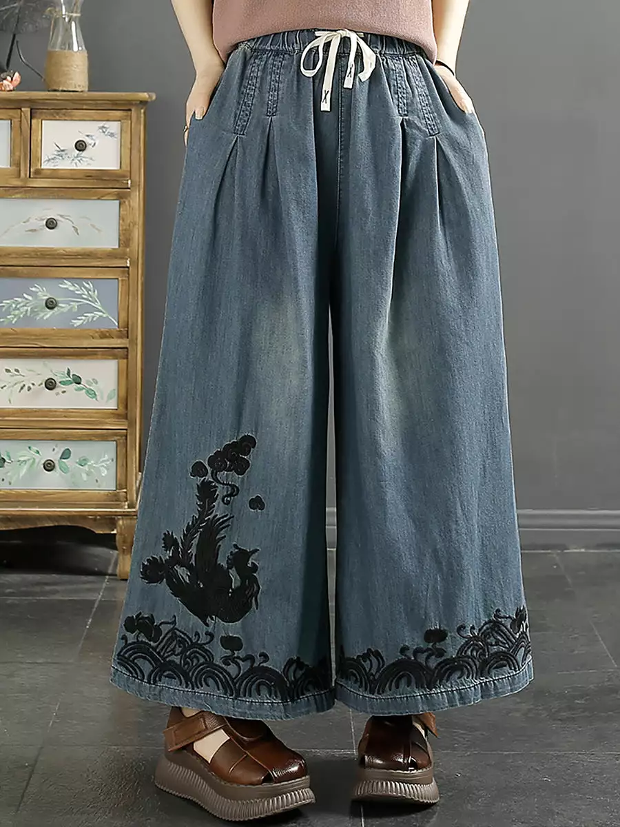 Women Ethnic Phoenix Embroidery Wide-leg Denim Pants KL1009