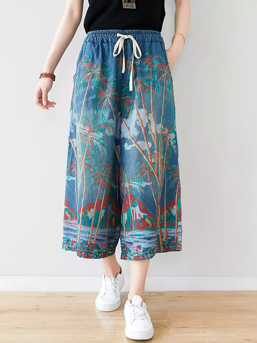 Women Summer Artsy Print Pocket Wide-leg Denim Pants