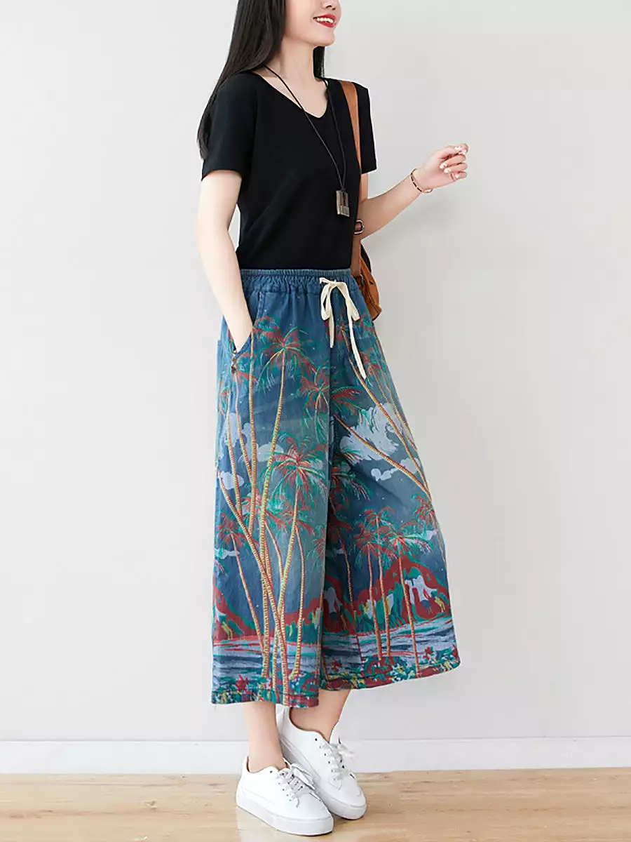 Women Summer Artsy Print Pocket Wide-leg Denim Pants