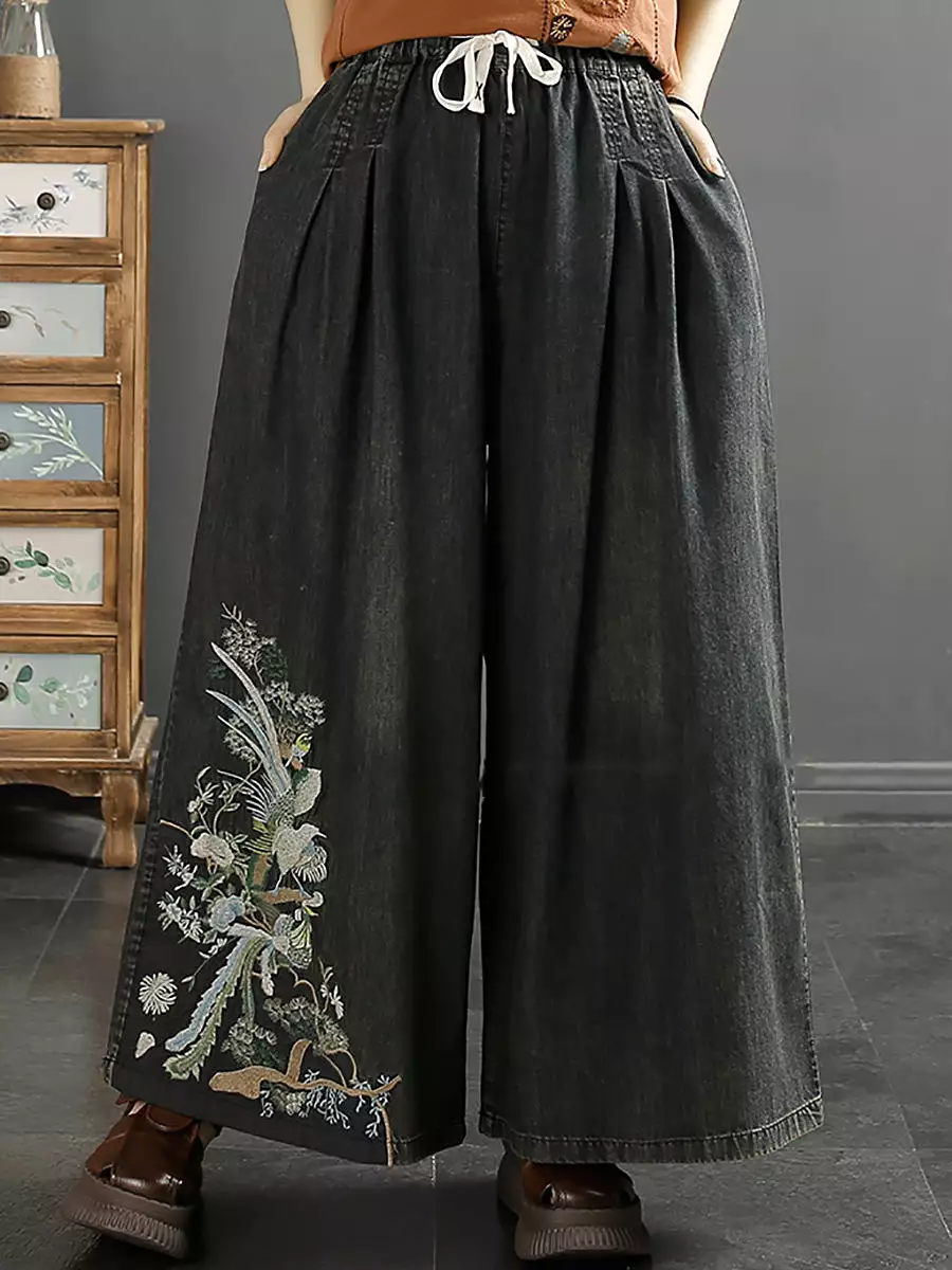 Women Vintage Ethnic Embroidery Wide-leg Denim Pants CO1052