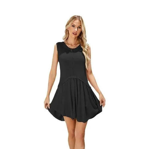 Women's Regular Dress Streetwear Round Neck Pleated Sleeveless Solid Color Midi Dress Daily