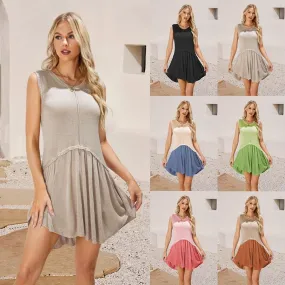 Women's Regular Dress Streetwear Round Neck Pleated Sleeveless Solid Color Midi Dress Daily