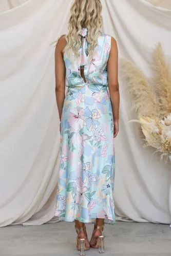 Women's Satin Dress Elegant Turtleneck Printing Sleeveless Flower Maxi Long Dress Banquet