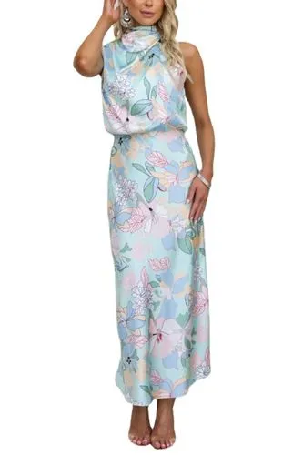 Women's Satin Dress Elegant Turtleneck Printing Sleeveless Flower Maxi Long Dress Banquet