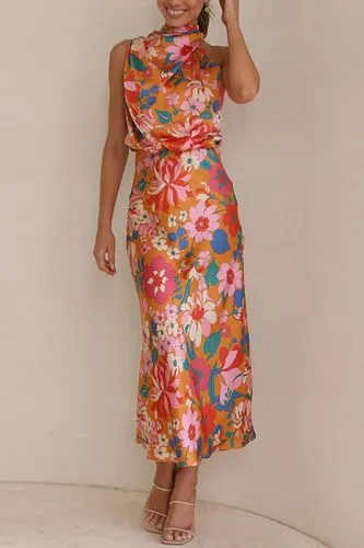 Women's Satin Dress Elegant Turtleneck Printing Sleeveless Flower Maxi Long Dress Banquet