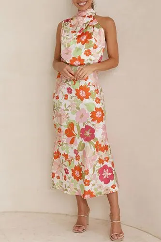 Women's Satin Dress Elegant Turtleneck Printing Sleeveless Flower Maxi Long Dress Banquet