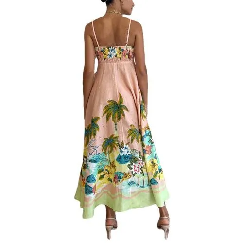 Women's Strap Dress Casual Vacation Printing Zipper Plant Flower Midi Dress Holiday